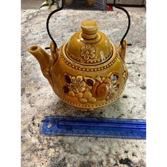 Vintage Japanese Ceramic Teapot Brown Glaze Floral Peach Design Wire Handle - Picture 10 of 11